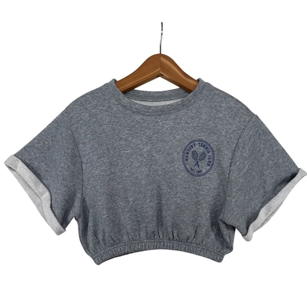 Arizona Jeans Co Sweatshirt Sz S Cropped Gray Athleisure "Newport Tennis Club"
